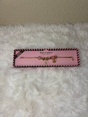 Juicy Couture Charm Bracelet Gold Pink Heart Crown Rhinestone NIB